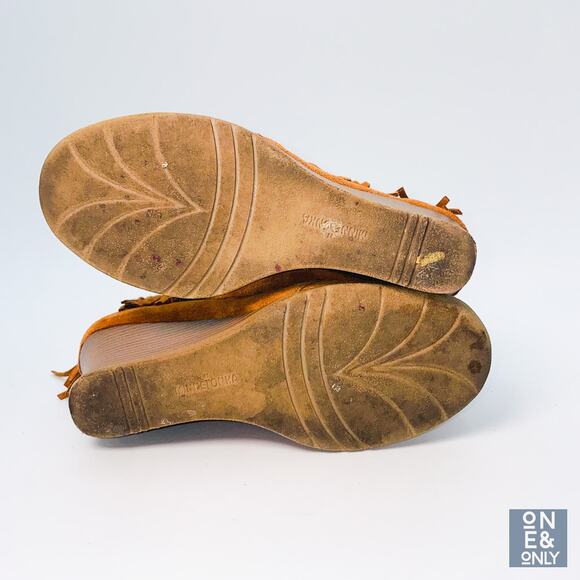 MINNETONKA Brown Ankle Boots Leather Fringe Wedge Heel Tasseled Boho Womens 7.5 - Picture 5 of 11